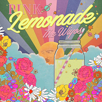 a multicoloured rainbow with a cartoon jar of lemonade, flowers and a bright sun